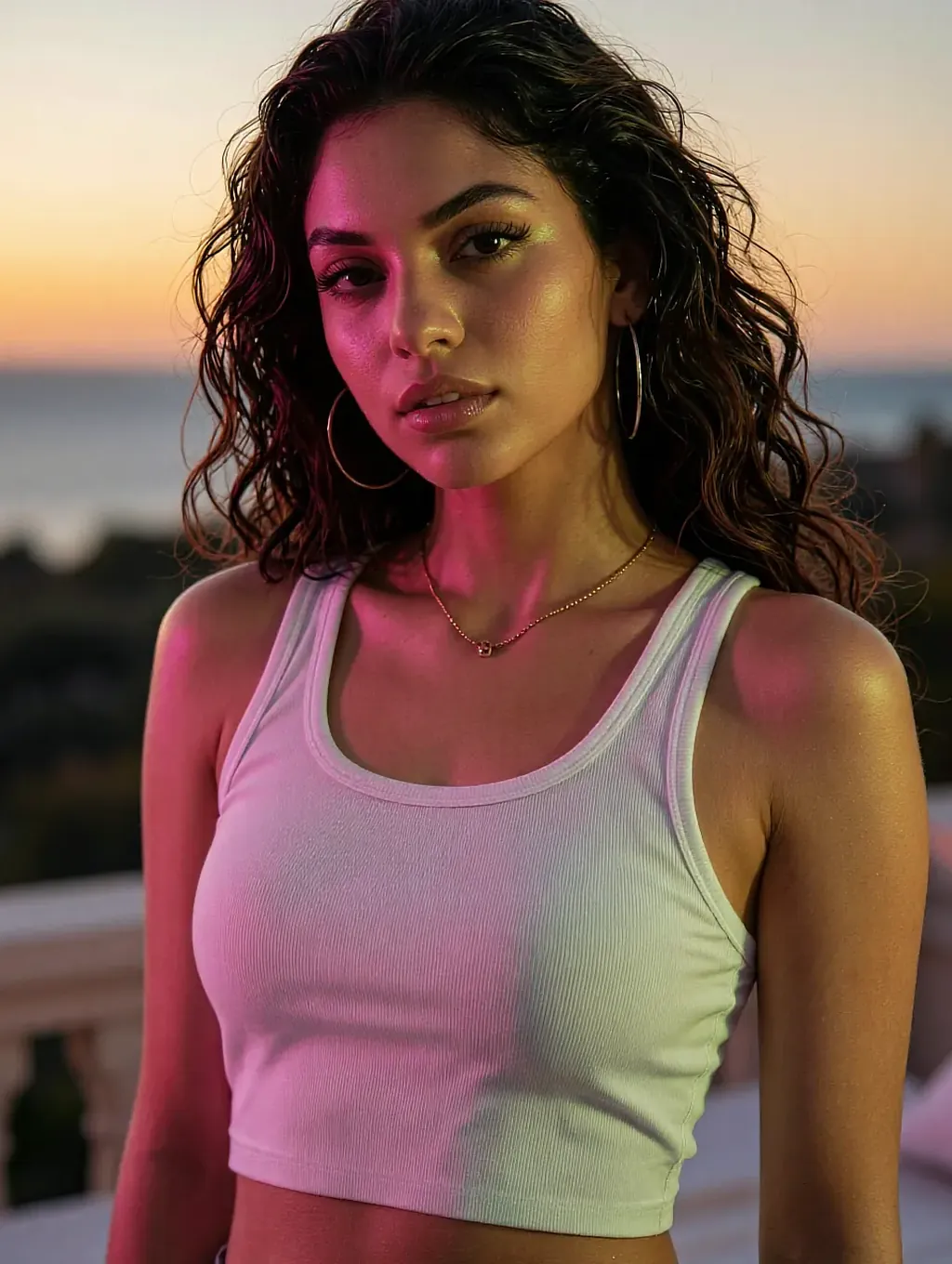 Fictional AI character answering from a phone browser, seated by a window